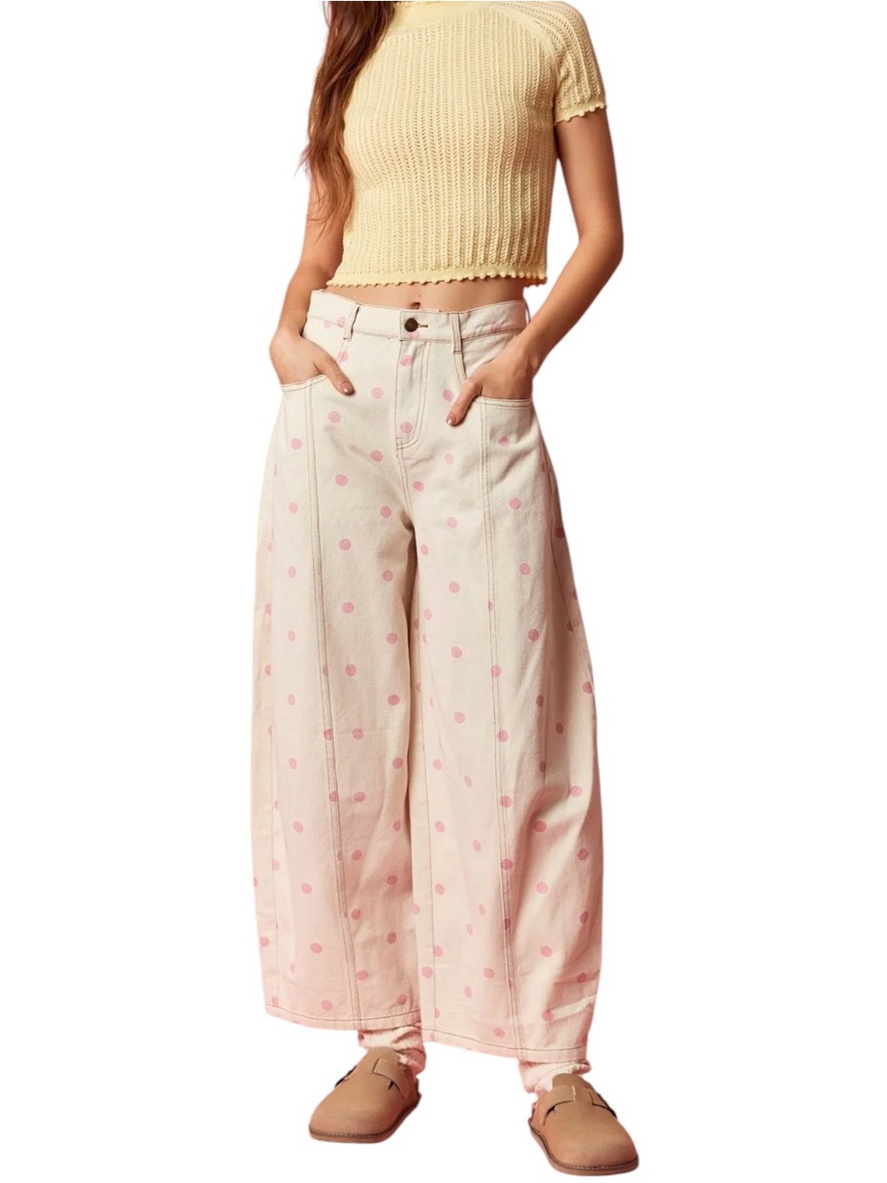 NEW Peach Love Barrel Jeans L Baggy Wide Leg Campus Closet Polka Dots